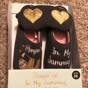 NIB Sloth slippers and sleep eye mask